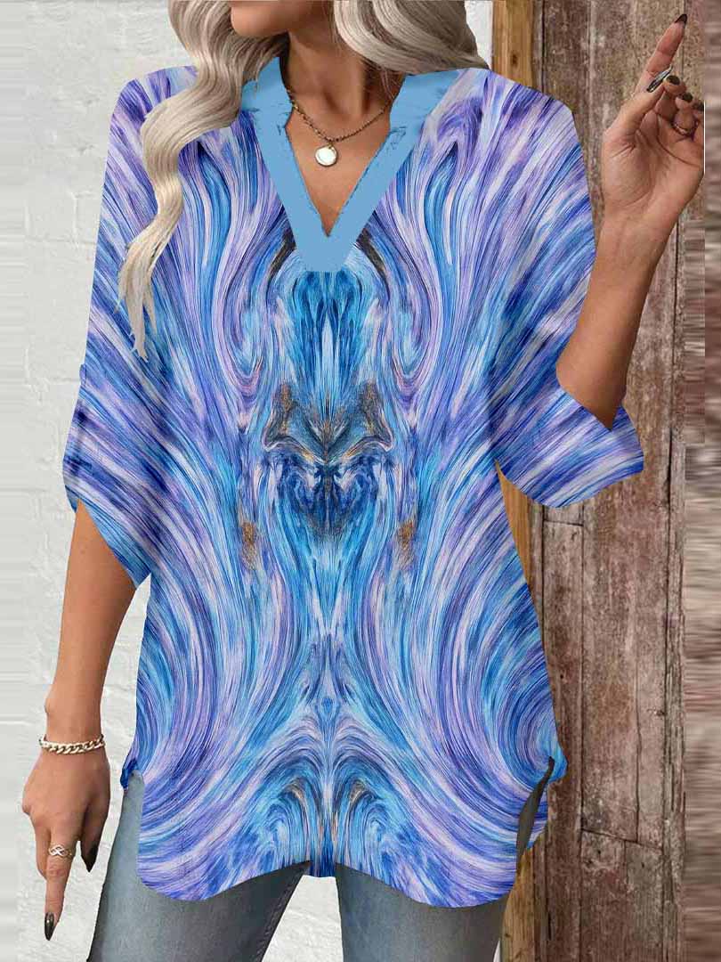 Women Purple, Painterly, Bohemian DZGA0405 3/4 Sleeve V-neck Printed Graphic Button Tops