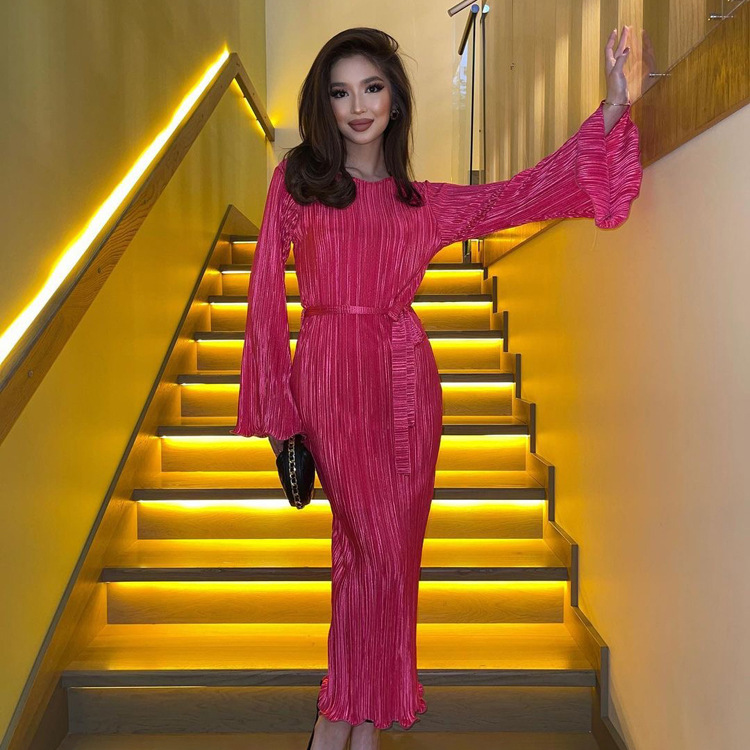 Ootddress Fashion Ruffled Lace-Up Long Dress Women Slim Long Sleeve Striped Pleated Party Dress Autumn 2025 Solid Gown Female Dress