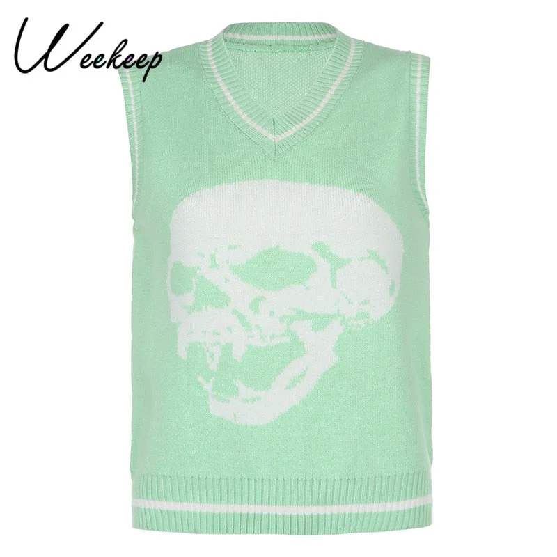 Weekeep New Sweater Vest Chic Print Pullover V Neck Knitwear Loose Casual Knitted Tank Top Women's Streetwear Tops Blue 2021 New