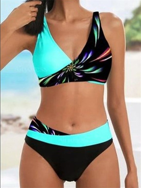 Women Sleeveless V-neck Colorblock Graphic Bikini Swimwear