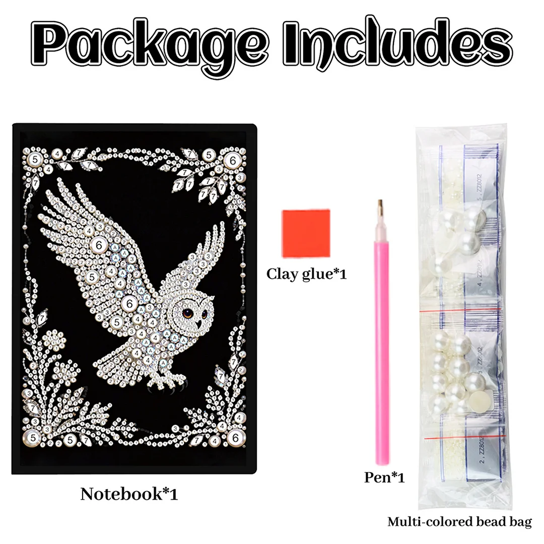 Owl Partial Pearl DIY 50 Pages A5 Diamond Painting Notebook Special Shaped Diamond Art Diary Book Kits Wireless Strip 5D Crystal Art Paintings Sketchbook for Art Drawing