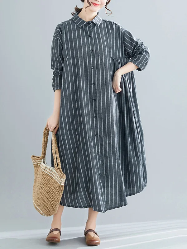 Simple Striped Buttoned Lapel Long Sleeves Shirt Dress