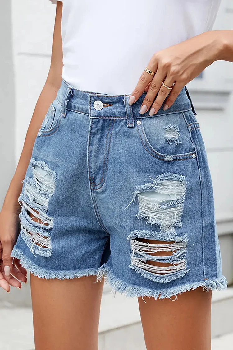 Summer Fringed Distressed Denim Shorts