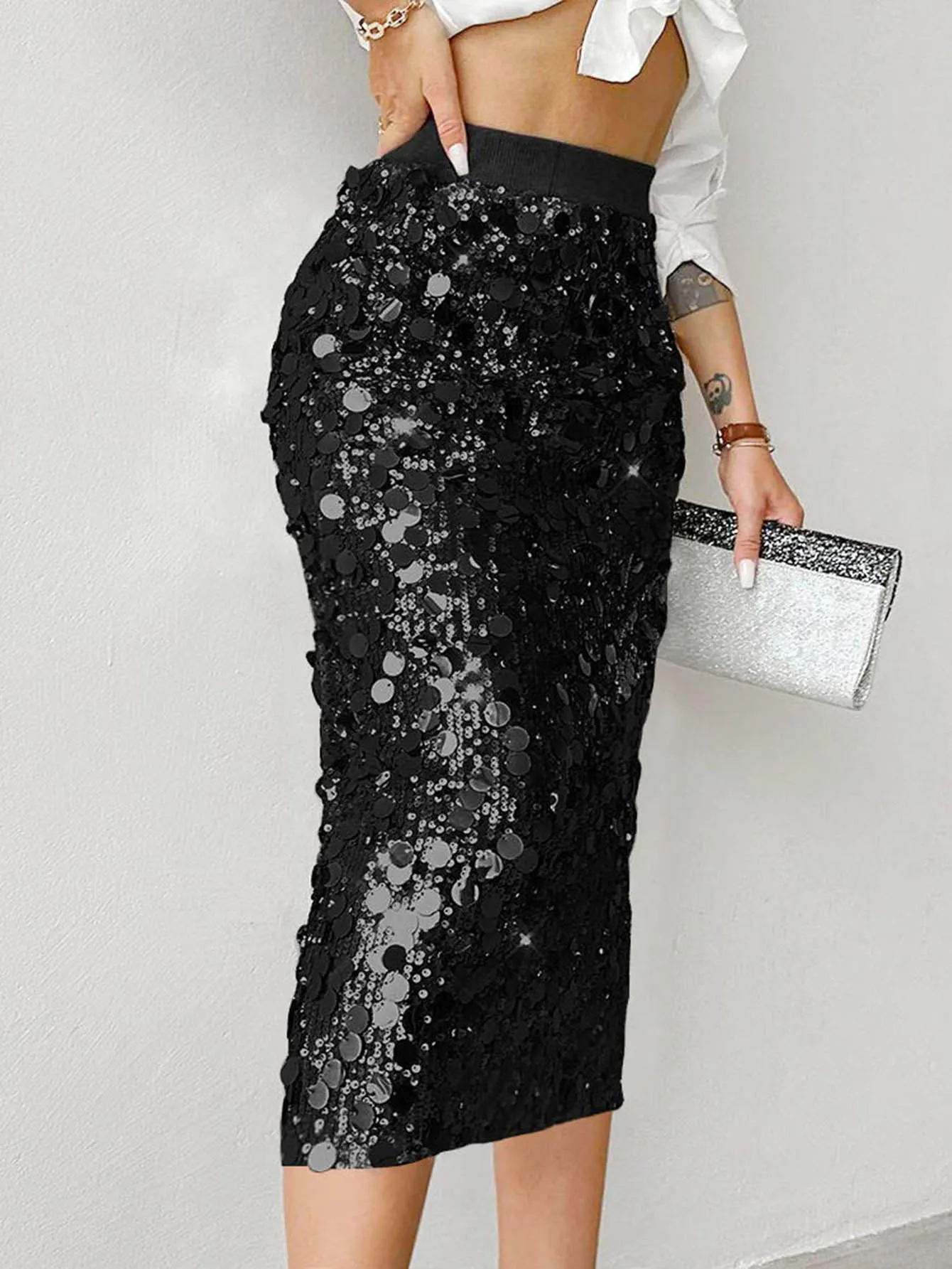 Silver Round Sequin Elastic Waist Midi Pencil Skirt
