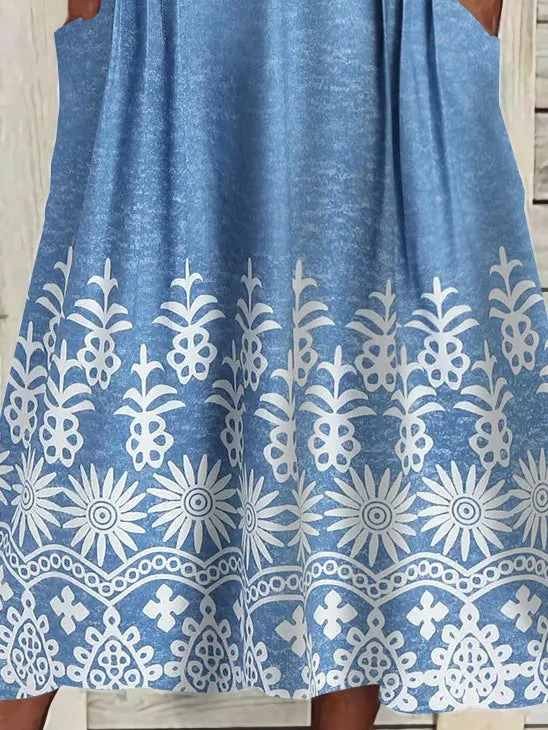 Women Half Sleeve V-neck Solid Color Dress