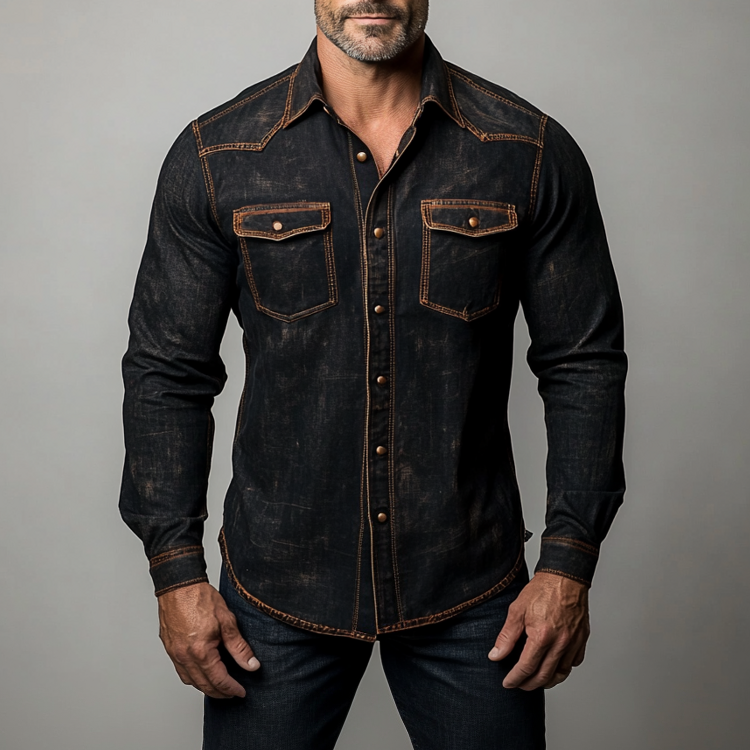 Men's Distressed Denim Turndown Collar Metal Button Long Sleeve Shirt