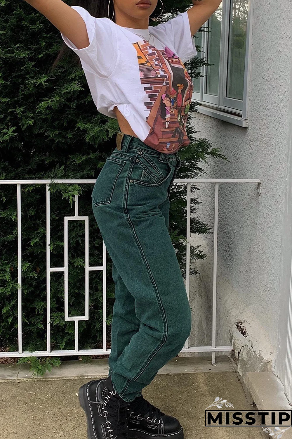 Black Fashion Street Print Patchwork O Neck T-Shirts