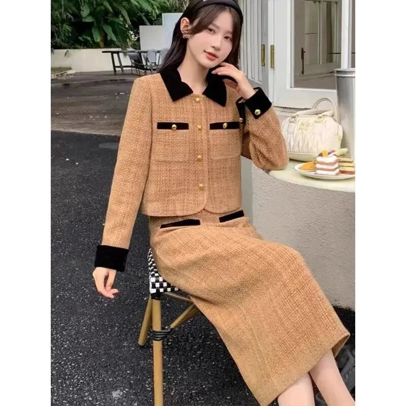 Ueong 2023 Autumn Winter High-End Fashion Suit Set for Women with Chic French Style Checkered Jacket and Skirt Lady 2 Piece Set