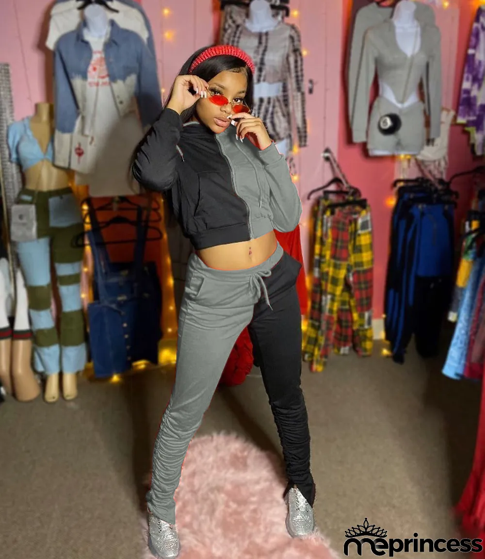 Contrast Color Hooded Stacked Pants 2 Piece Sets