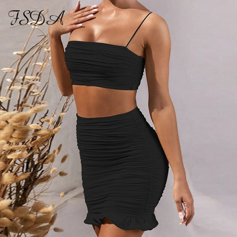 FSDA Summer 2020 Women Set Spaghetti Strap Crop Top White Sexy And Mini Bodycon Skirt Ruffles Party Outfit Club Two Piece Sets