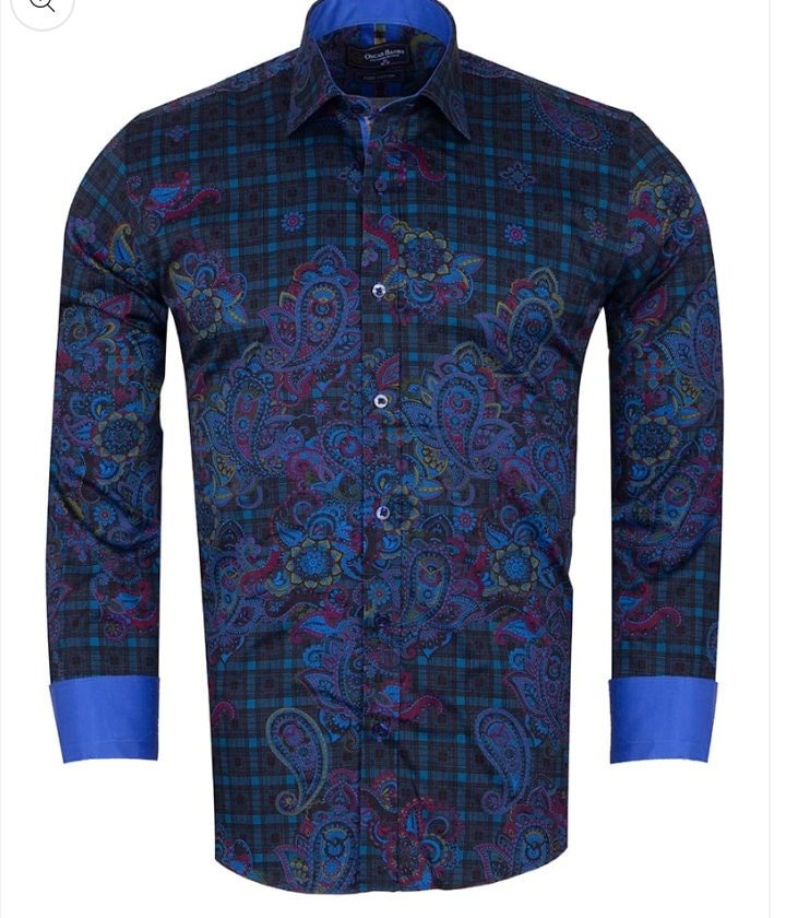 Check Paisley Print Men's Shirt with Matching Handkerchie
