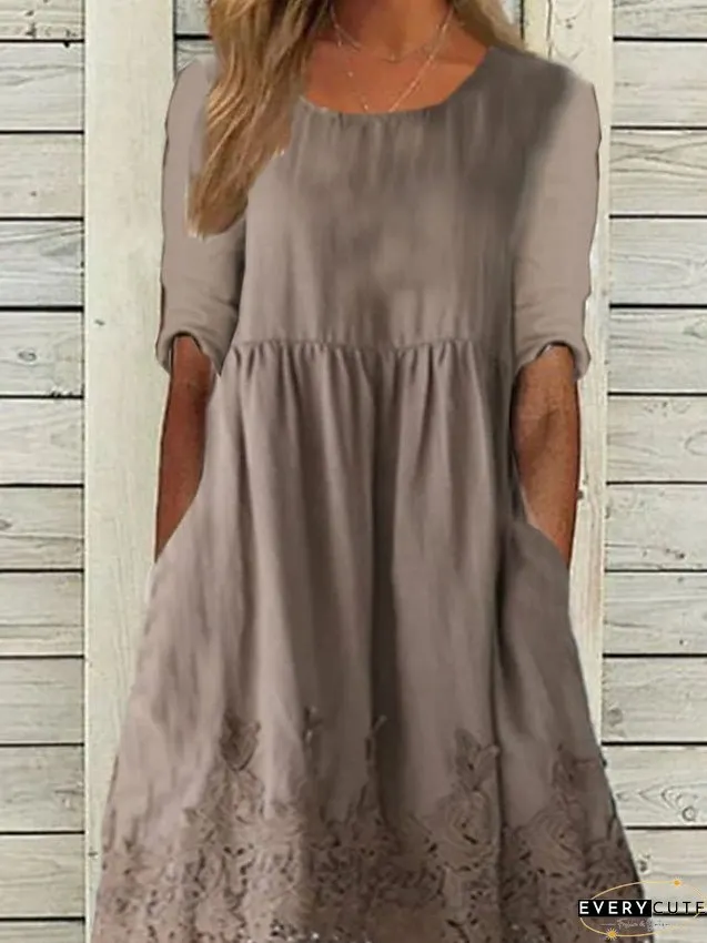 Cotton Linen Dress Casual Midi Blend Modern Daily Vacation Crew Neck Lace Ruched Half
