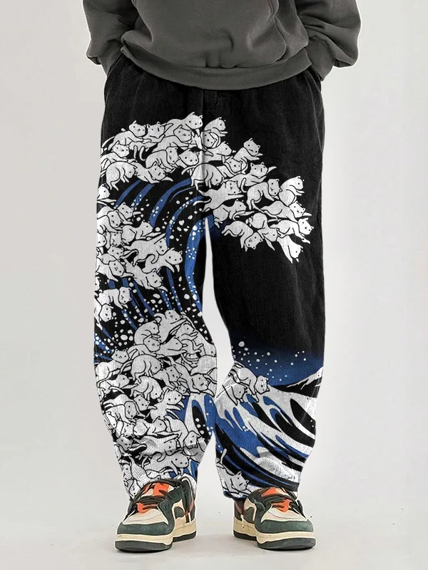 Men's Cat Big Wave Japanese Art Print Casual Pants