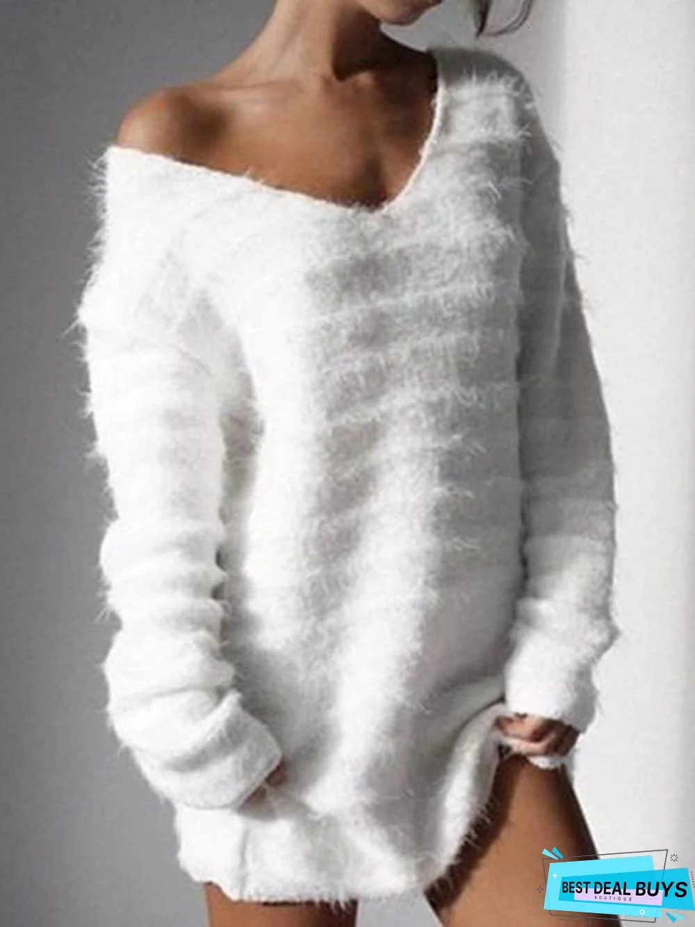 Women Fuzzy Sweaters Solid Cashmere Fleece