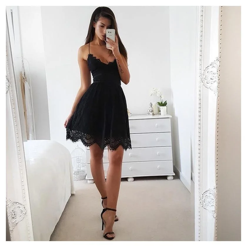 Deep V Neck Backless Lace Short Dress