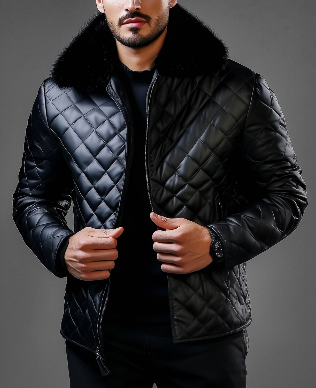 Okaywear PU Leather Quilted Fuzzy Lapel Zipper Jacket