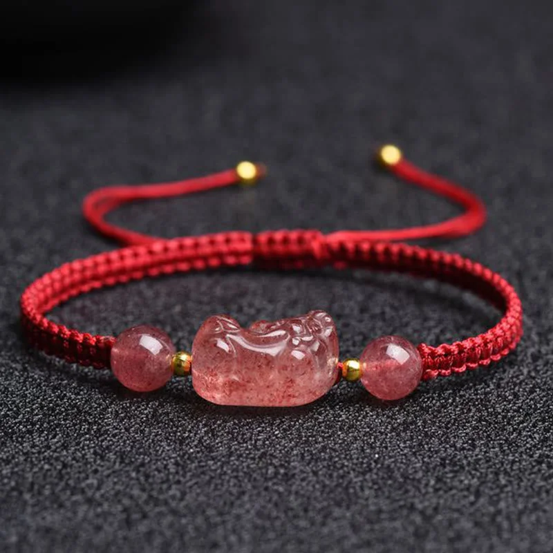 Natural Strawberry Quartz PiXiu Lucky Red String Bracelet