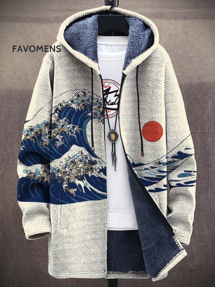 Vintage Japanese Art Ukiyoe Wave Print Unisex Plush Thick Long-Sleeved Sweater Cardigan Coat