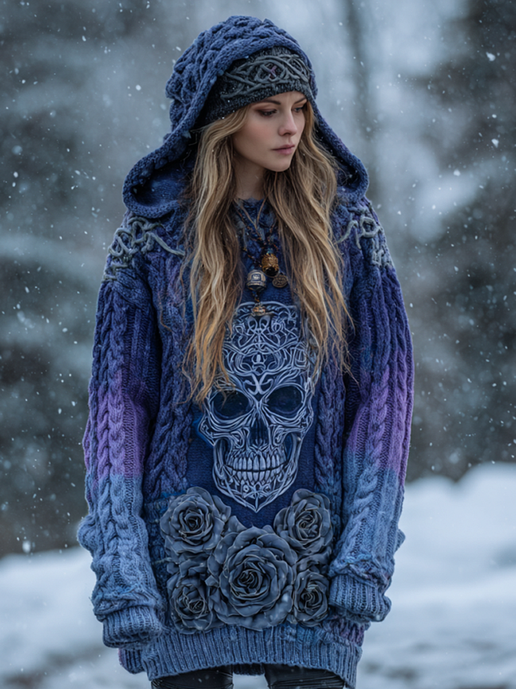 Women's Viking Tribal Jacquard Celtic With Rose And Skull Inspired Chunky Knit Hooded Sweater