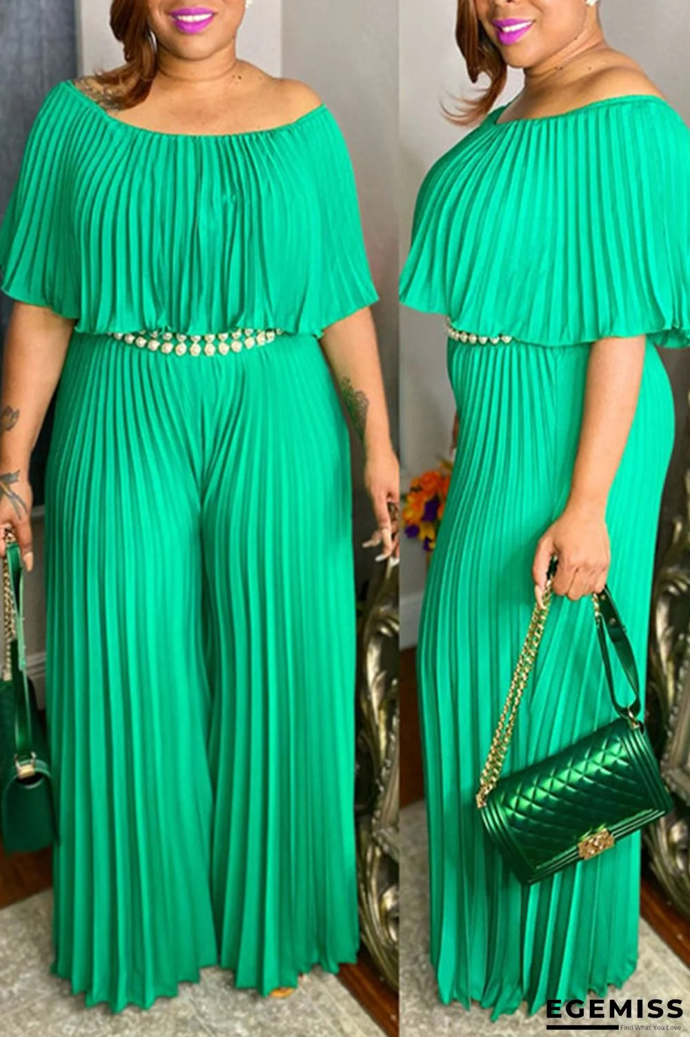 Green Casual Solid Patchwork Fold Off the Shoulder Plus Size Jumpsuits | EGEMISS