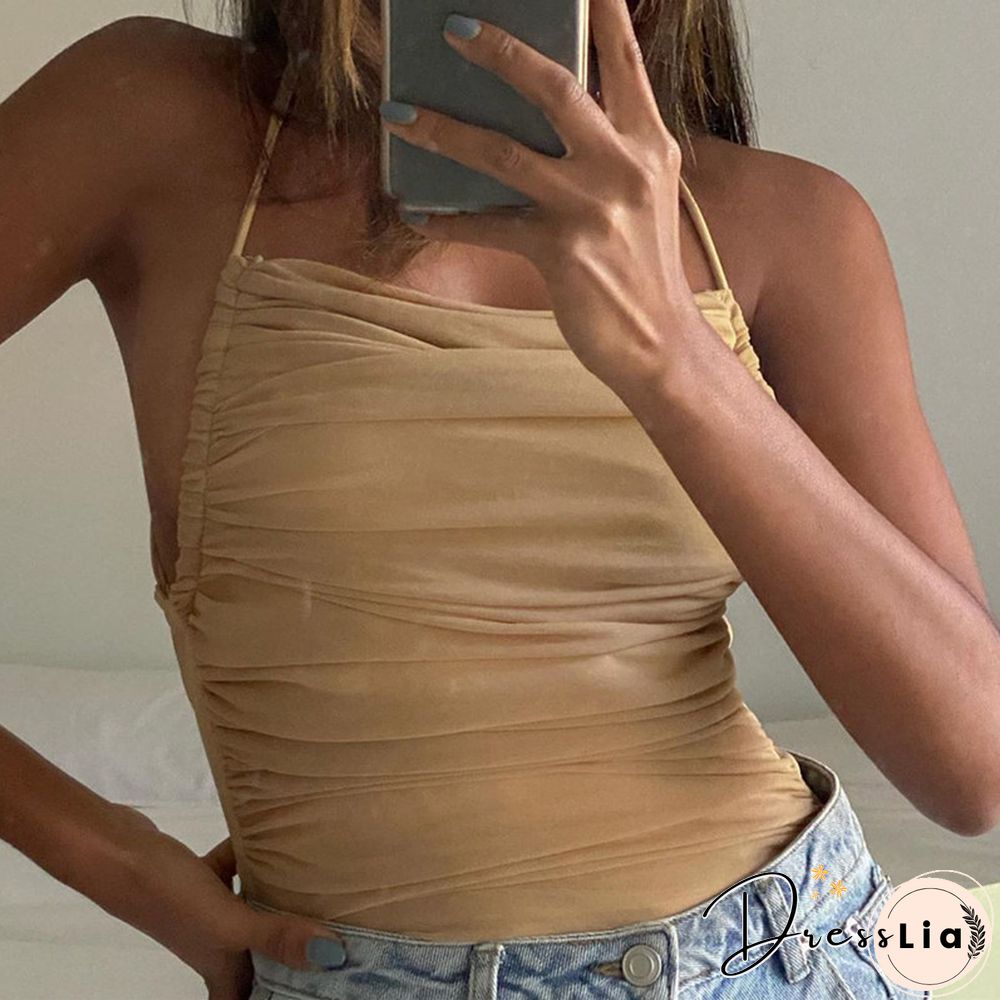 Sleeveless Chic Fashion Mesh Ruched Halter Bodysuit Women Female Tie Up Backless Body Suit Feminino Top Streetwear
