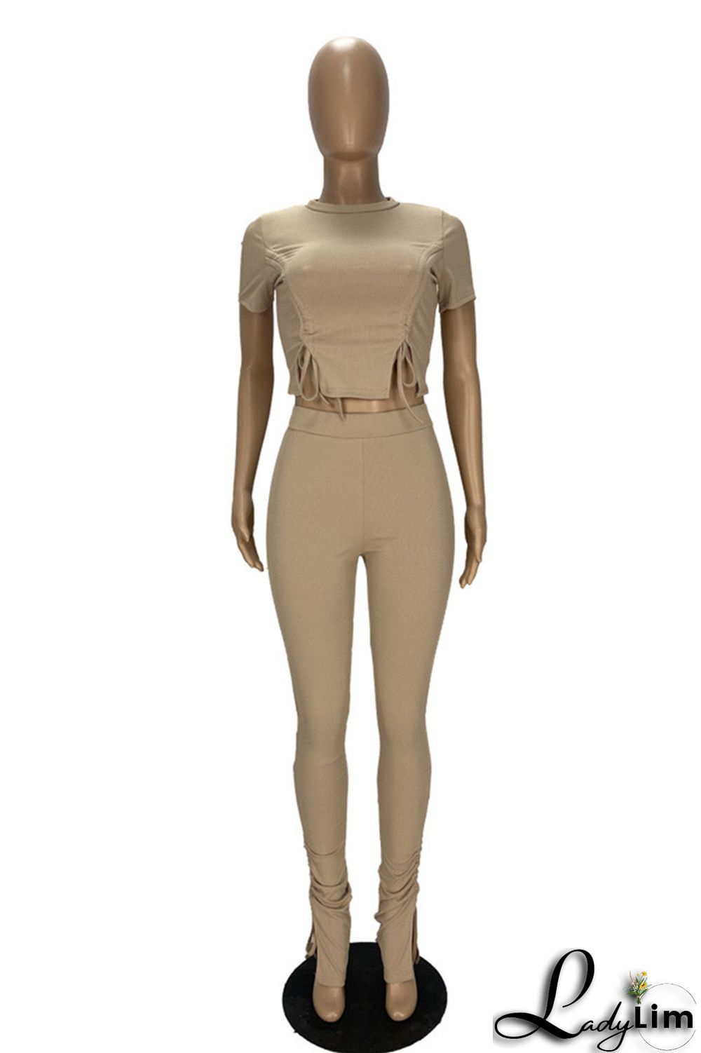 Khaki Fashion Casual Solid Draw String Frenulum O Neck Short Sleeve Two Pieces