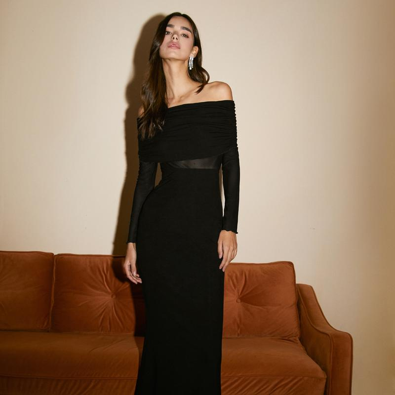 Lisliy Black Off-the-shoulder Mermaid Prom Dress with Tulle
