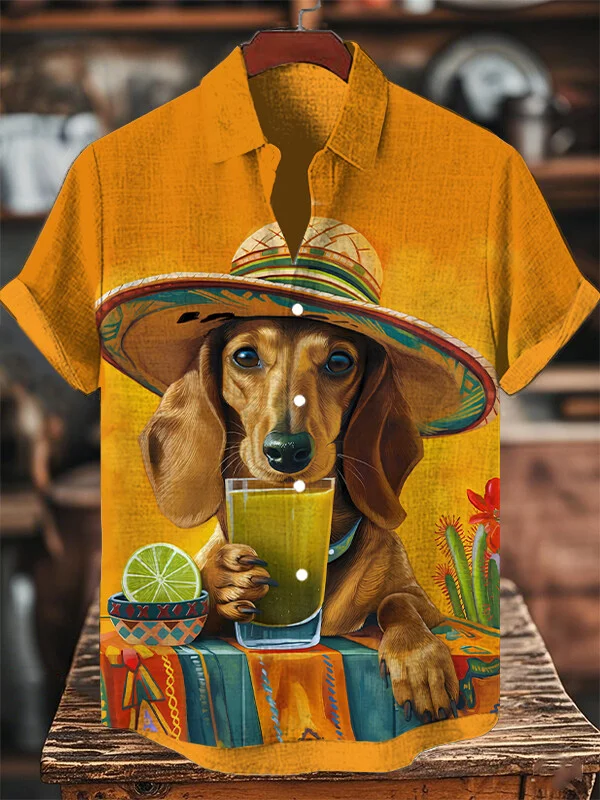 Men's Western Dog Day Fun Vacation Print Short Sleeve Shirt