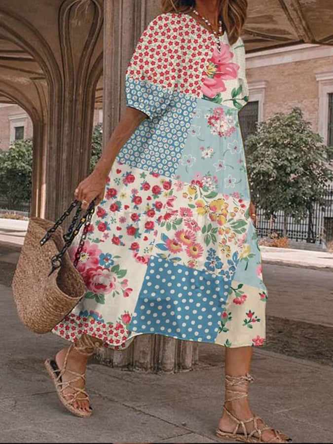 Women's Vintage Floral Print Round Neck Dress