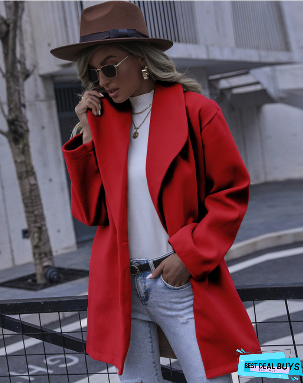 Solid Color Double Pocket Loose Woolen Coat