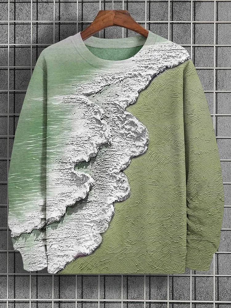 Men's Green Beach Wave Oil Painting Print Casual Sweatshirt