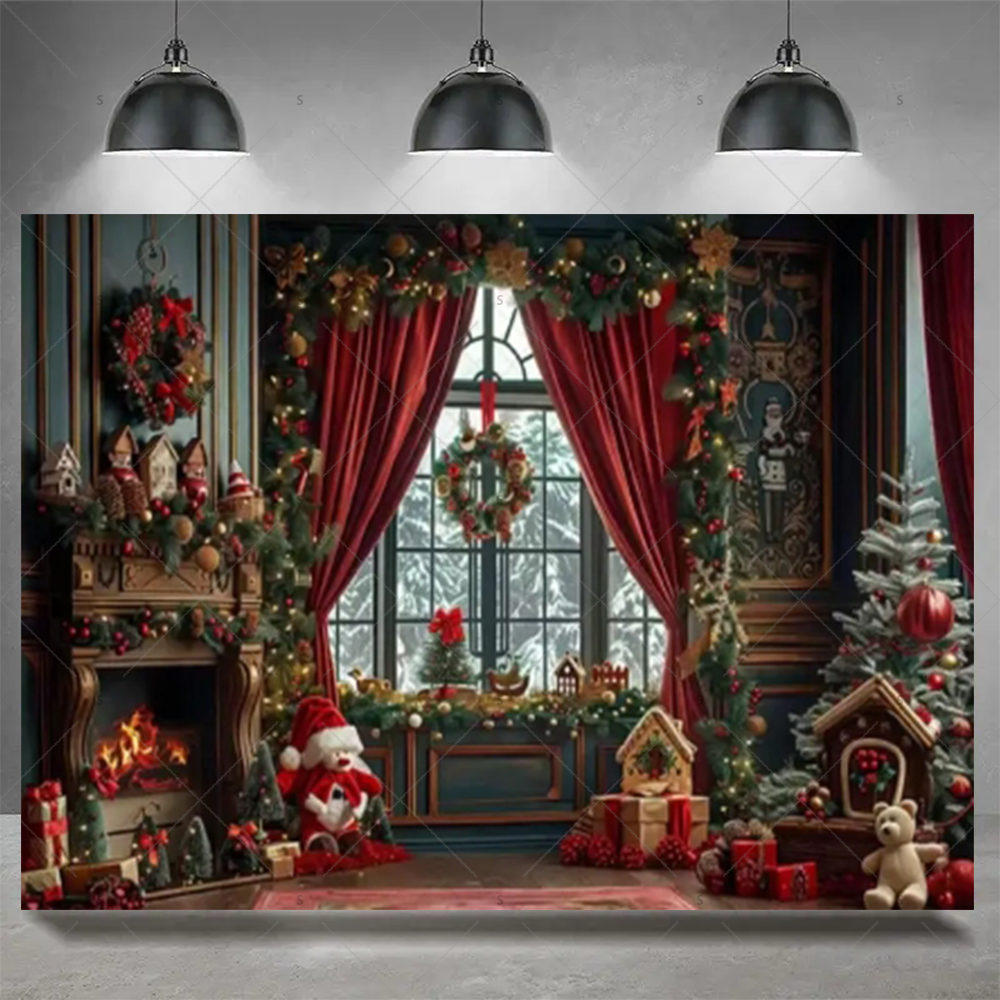 Tegooe Christmas Photography Backdrop Festive Fireplace Xmas Tree Background Banner for Holiday Party Decor Photo Booth Prop