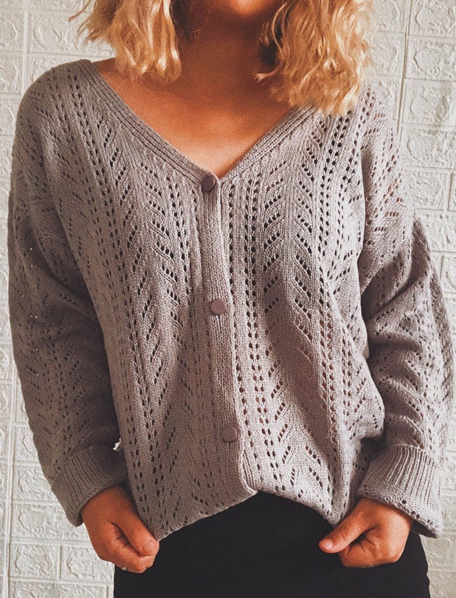 Knitted Solid Color V-neck Long-sleeved Sweater - VSMEE