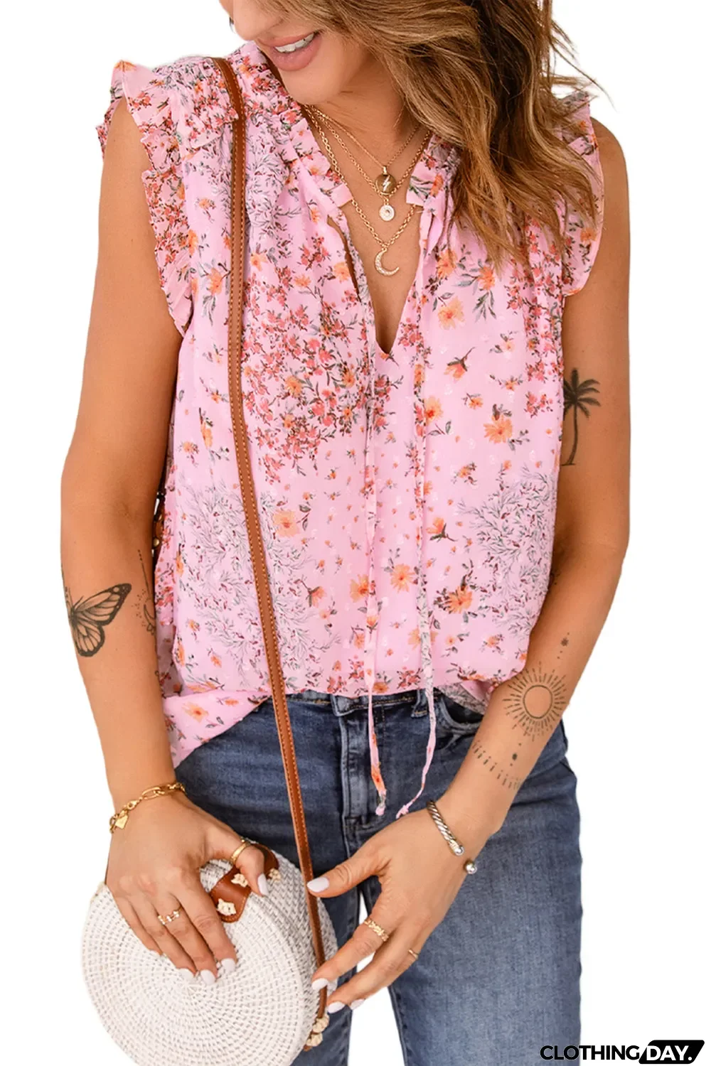 Pink Floral Print Drawstring Frill Trim Sleeveless Top