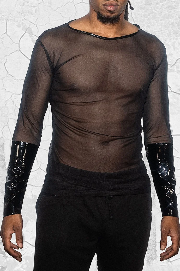 Glossy PU Leather Mesh Patchwork Long Sleeve Top [Pre-Order]