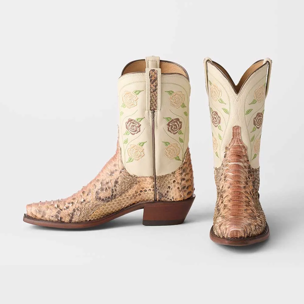 Ivory & Brown Snip Toe Embroidered Snake Embossed Cowgirl Boots