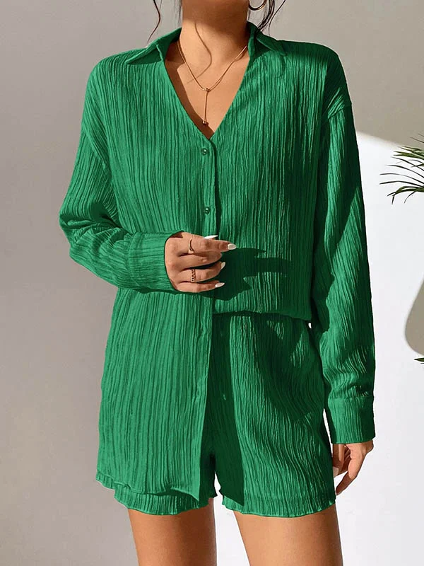Pleated Solid Color Long Sleeves Loose Buttoned Lapel Shirts Top + Elasticity Shorts Bottom Two Pieces Set