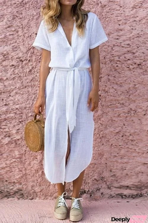 Deep V Buttons Down Long Shirt Dress