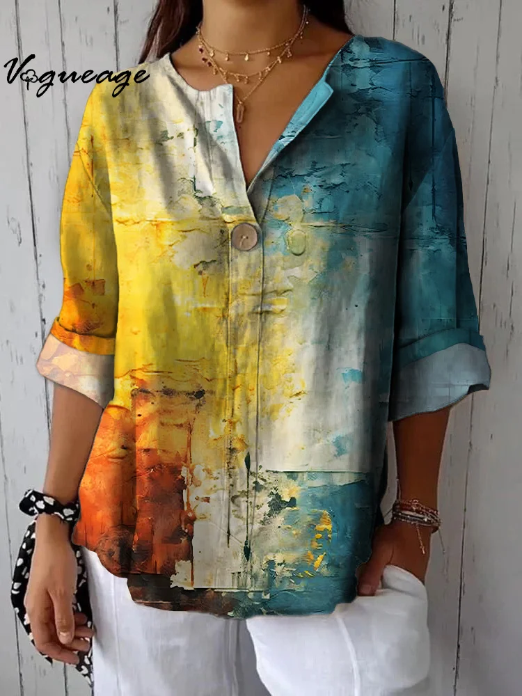 Fashionable Design With Two-Color Stitching Printed Cotton And Linen Shirt