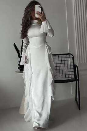 Hellodresses Charming White High Neck Long Sleeves High Waist Long Prom Dress With Ruffles