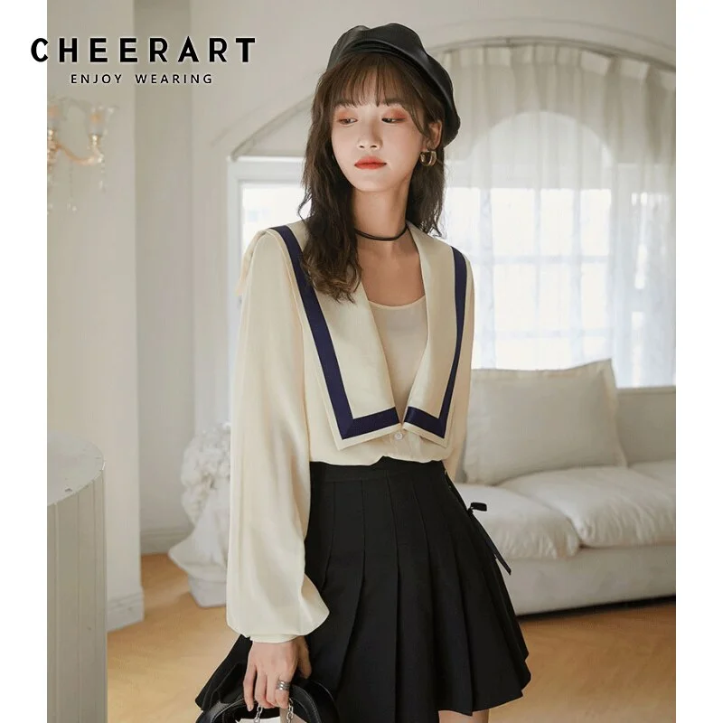 Zingj Vintage Sailor Collar Long Sleeve Blouse Women Lantern Sleeve Beige Loose Tops And Bloues 2021 Fall Classy Japanese