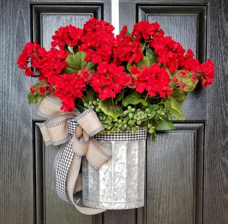 Red Geranium Bucket Garland Decoration Spring Wreath For Front Door