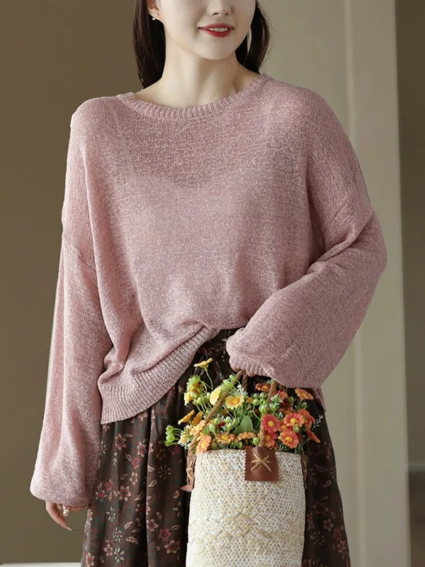 Long Sleeves Loose See-Through Solid Color Round-Neck Sweater Tops