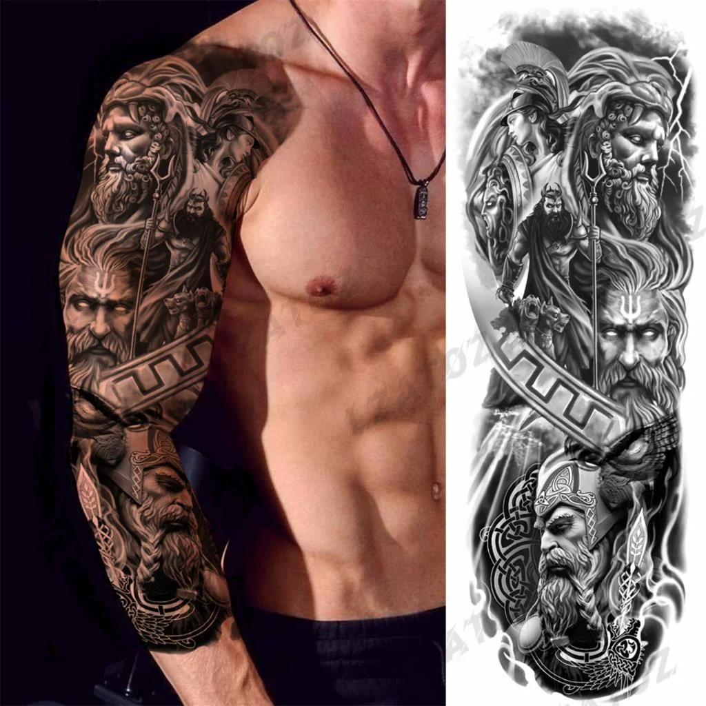 Sdrawing Sleeve Temporary Tattoos For Men Women Realistic Pirate Ship Wolf Tiger Skull Rose Flower Fake Tattoo Sticker Arm Tatoos