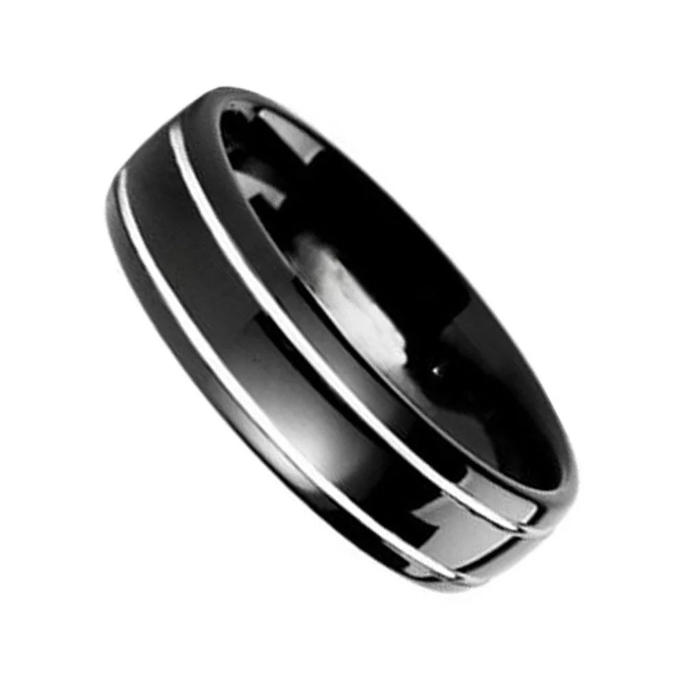 6MM 8MM Mens Black Two Pinstripe Tungsten Full Arc Wedding Bands