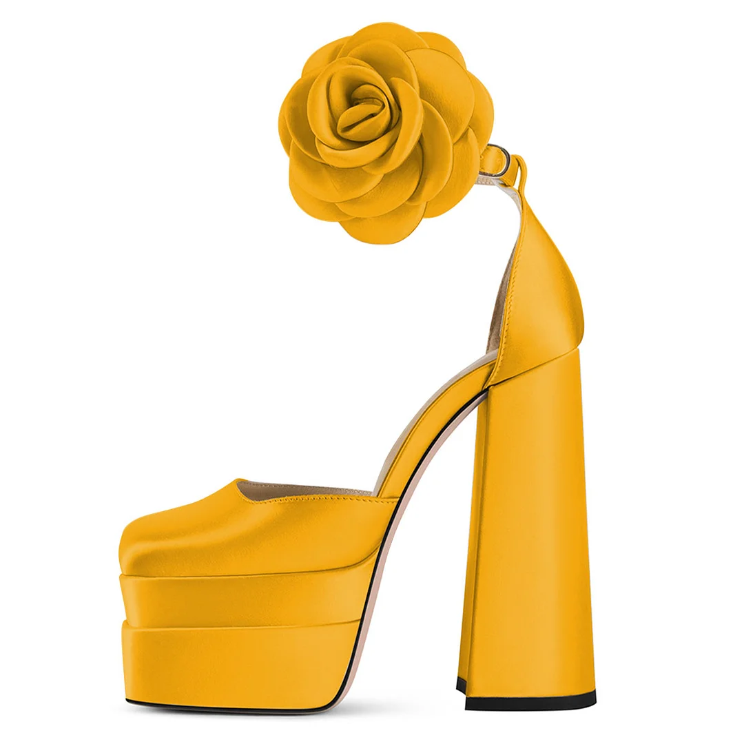 Yellow Satin Flower Ankle Strap Square Toe Chunky Heels with Platform