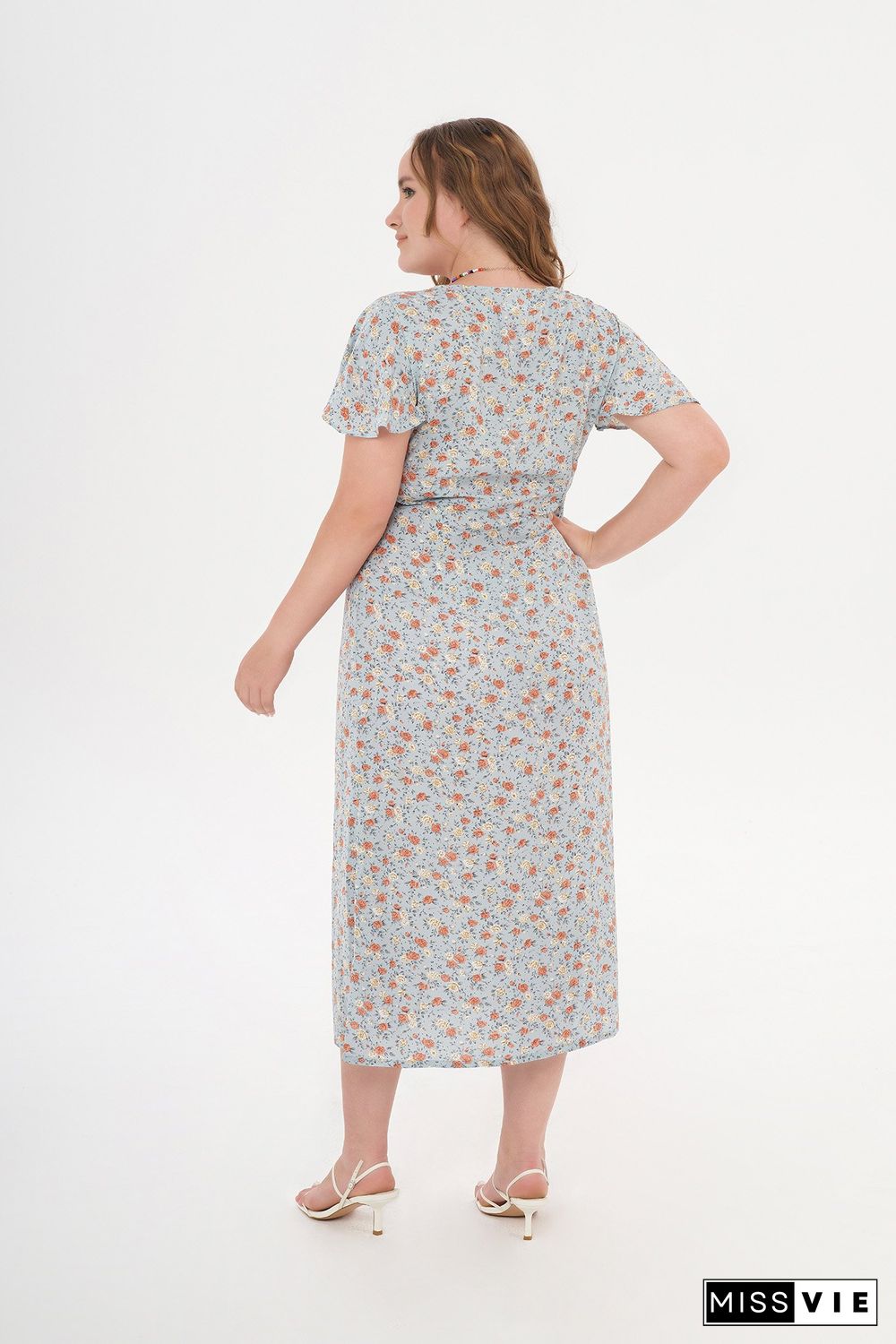 Square-neck Short-sleeved Floral-print Midi Dress P15468