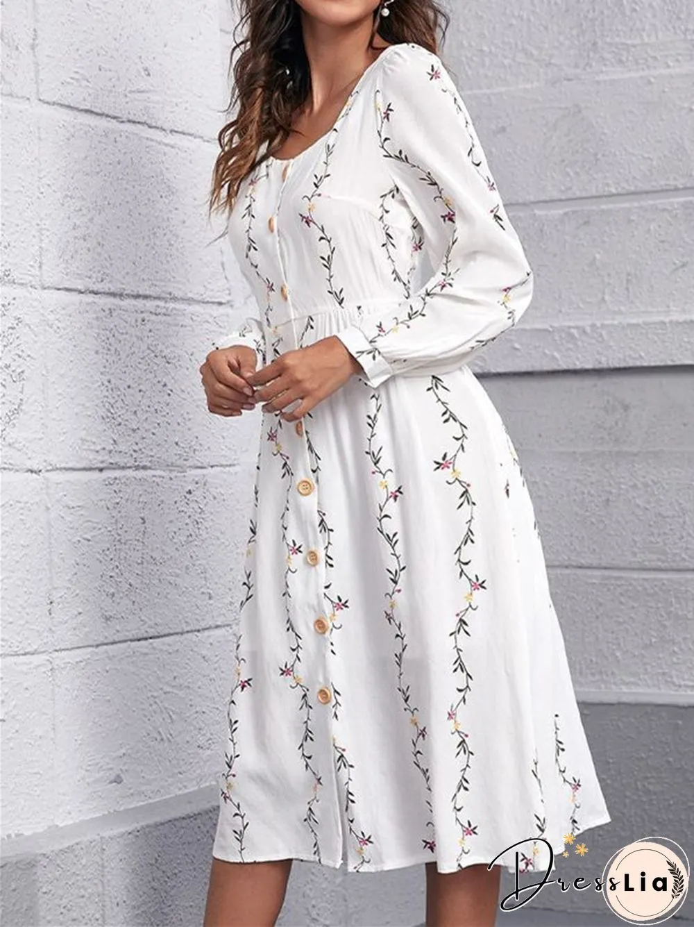 Printed Square Collar Loose Long Sleeve Dress