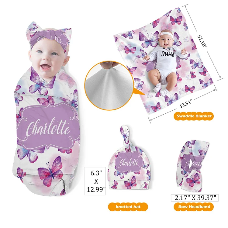 Personalized Butterfly Baby Swaddle Newborn Swaddle Blanket Set|Set36