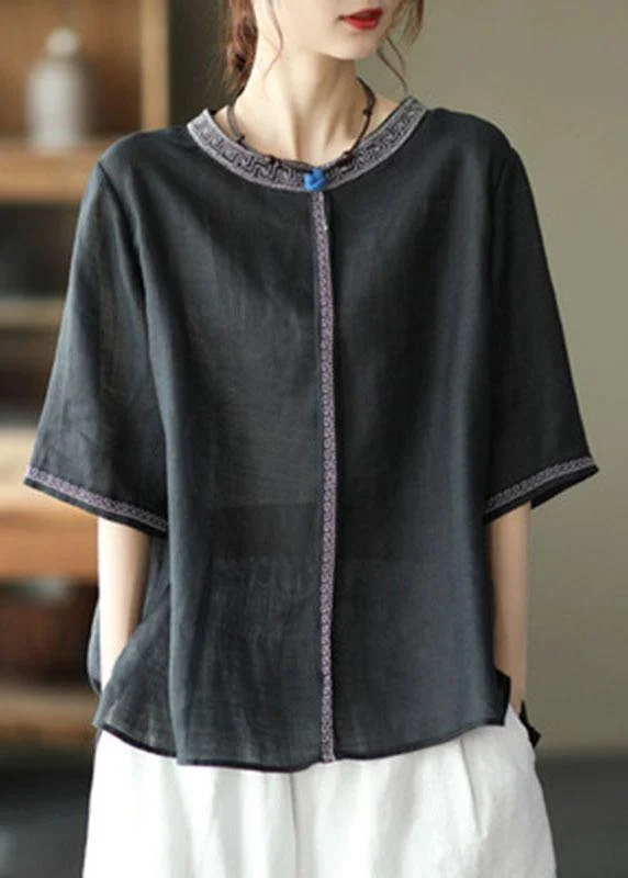 Natural Black O-Neck Embroideried Summer Ramie Blouses Half Sleeve